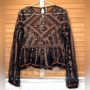 NWOT Free People Embroidered Floral Blouse Black Mesh Women’s Size Small